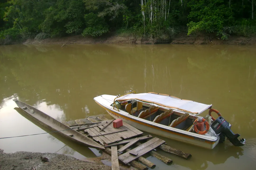 Embarcación fluvial amarrada en la ribera del Río Tiputini junto a Llanchama